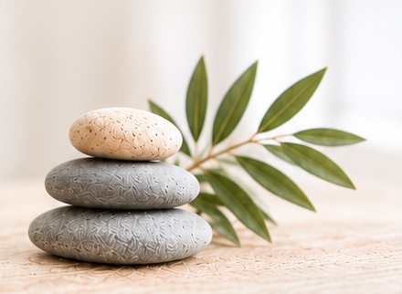 Three stacked pebbles beside an olive branch