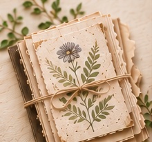 A stack of handmade journals tied with twine