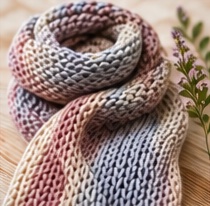 A soft knitted scarf in muted rose and blue