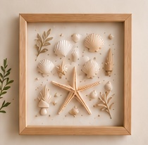 Framed arrangement of seashells and a starfish